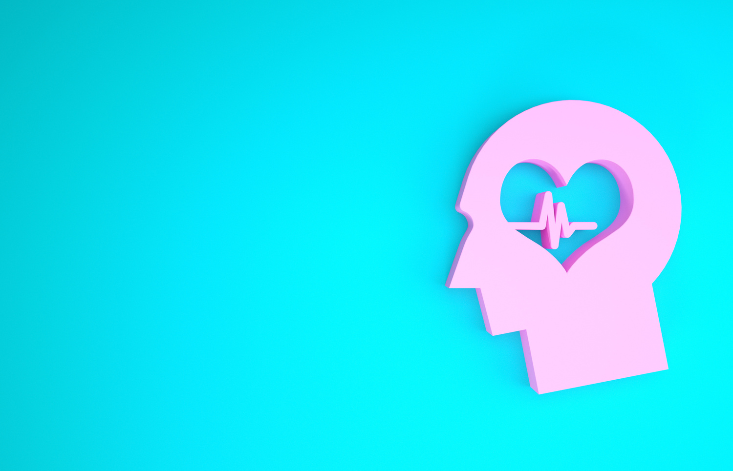 Pink Male Head with a Heartbeat Icon Isolated on Blue Background. Head with Mental Health, Healthcare and Medical Sign. Minimalism Concept. 3D Illustration 3D Render